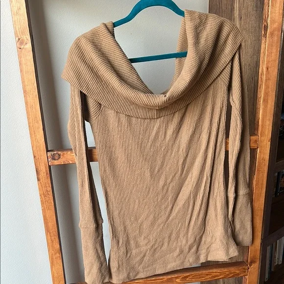 Free People Snowbunny Brown Ribbed Knit Off-the-Shoulder Sweater Top - Picture 6 of 10